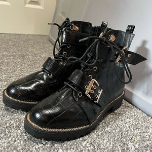 Asos design wide fit aubrey lace up boots in black croc